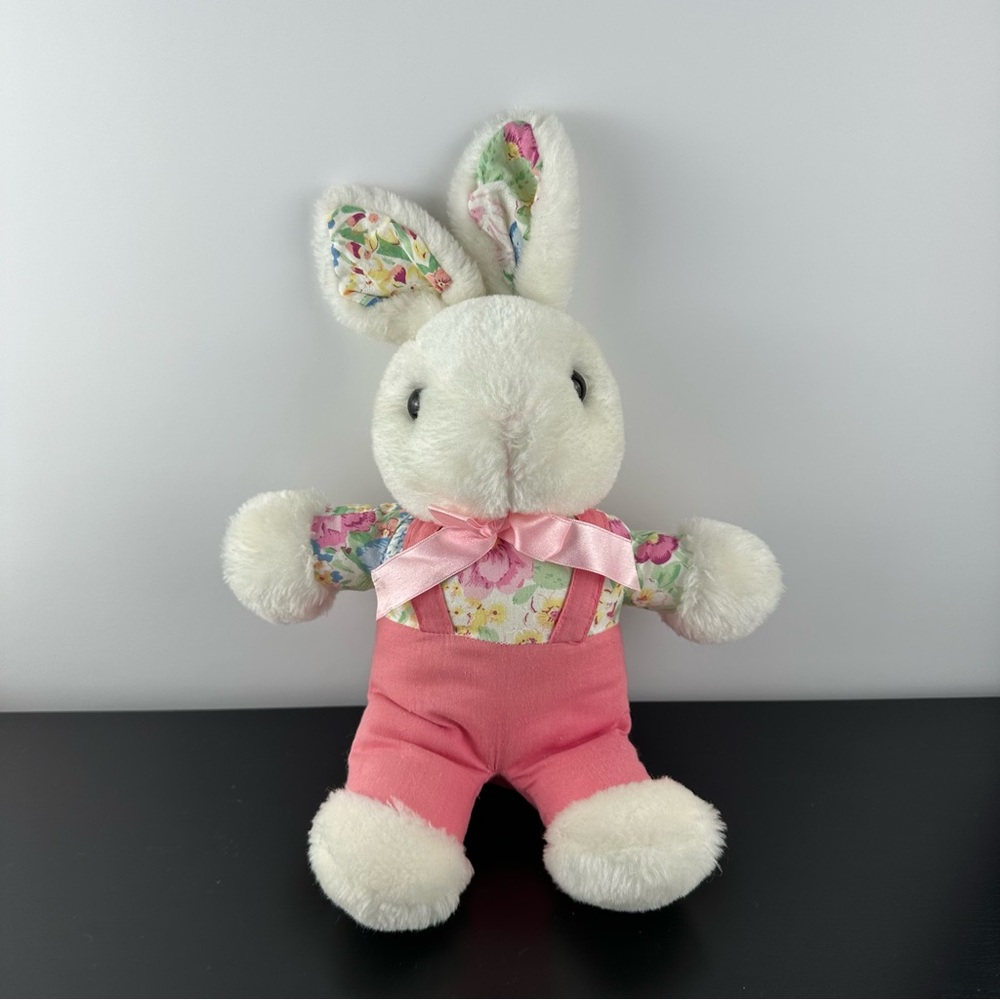 Vintage 90s Commonwealth White Bunny Plush Stuffed Animal Pink Flowers 15”